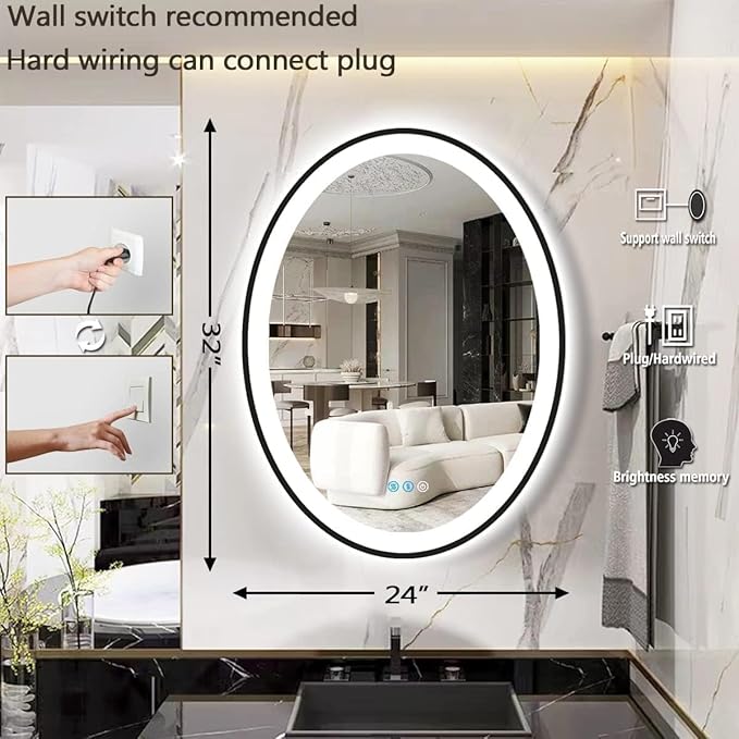 THEKLA 24 x 32 inch Black Framed Oval LED Mirror for Bathroom Wall Oval Lighted Vanity Mirror with Lights Black Frame Smart Memory 3 Color Dimmable Front Lit Anti-Fog 32" Black Ovals Light up Mirrors