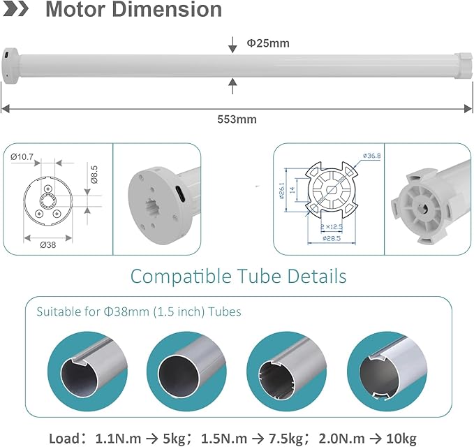 Rechargeable Roller Shade Motor with Remote, Type-C Charging 2800mAh Battery for 1.5” Tube (38mm), Wireless Electric Blind Drive Retrofit Kit, Quiet Operation (1.1N.m Torque 30rpm/min)