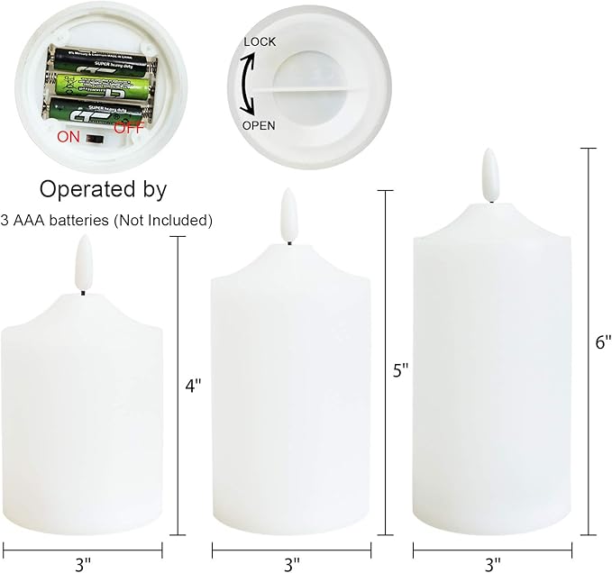 Eldnacele Waterproof Outdoor Flameless Flickering LED Candles with Timer Remote, Battery Operated 3D Wick Plastic Pillar Candles Pack of 3 for Indoor Outdoor Decoration, D3'x H4'x W5'