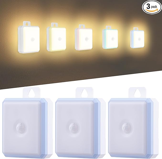 Motion Sensor Night Light Indoor - Cordless Battery Powered Under Cabinet Lighting, Stick-on Magnet LED Closet Lights, Safe Light for Stairs, 4000K Nightlight 3-Pack (Blue)