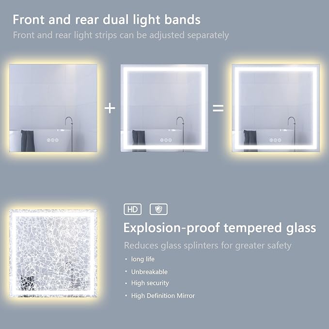 Led Bathroom Mirror with Light 36"x36" Frameless Lighted Vanity Mirror Wall Mount, Fogless, 3 Color Mode, Stepless Dimmable Front Light and Backlit, Smart Touch Sensor, Tempered Glass