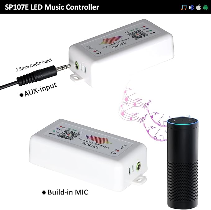 2 Pack SP107E LED Controller –Music Sync for WS2812B/Ws2811/SK6812 IC Strips & LED Pixel Matrix Panel, Smart App Control, 16 Million Colors, Commercial/Home Lighting