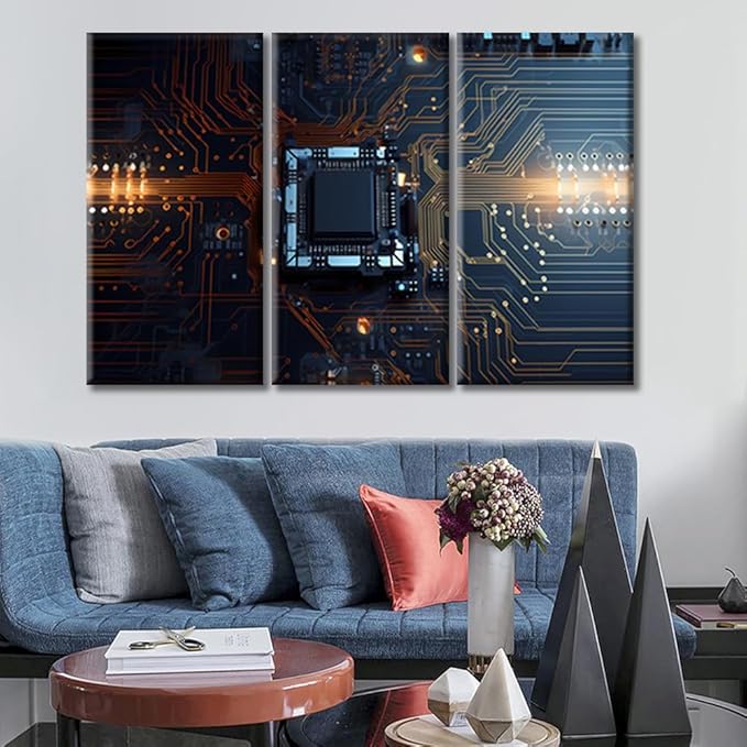 Chip Wall Art for Bedroom 3 Panels Computer Processors CPU Concept Canvas Painting Circuit Board Pictures Wall Art for Living Room Contemporary Home Decor Stretched on Wooden Frame (36" Wx24 H)