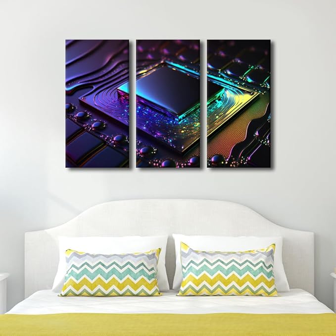 3 Panel AI Canvas Wall Art Vibrant Colorful Computer Chip on Circuit Board Picture for Bedroom Living Room Modern Artwork Wooden Framed Gallery-Wrapped Ready to Hang, 36" Wx24 H