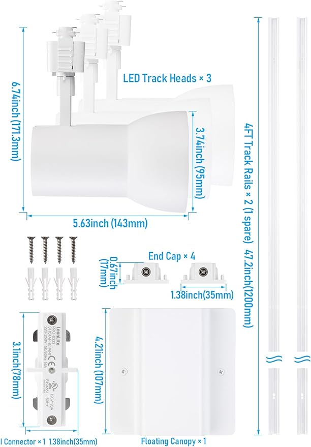 LEONLITE 18W Complete LED Track Lighting Kit, (3) H Type Spotlight & 8FT Track Rail & (1) Floating Canopy Connector & (1) I Connectors, CRI90+, 4000K Cool White, White
