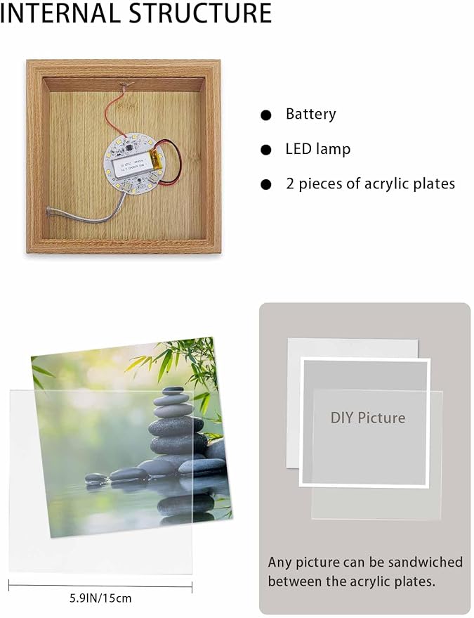 Wood Night Light Box 6.5x6.5in,Zen Meditation Stone Lake Table Lights Wooden Picture Frame with USB Rechargeable Touch LED Lights for Home Decor Desktop Display,Nature Landscape Still Life