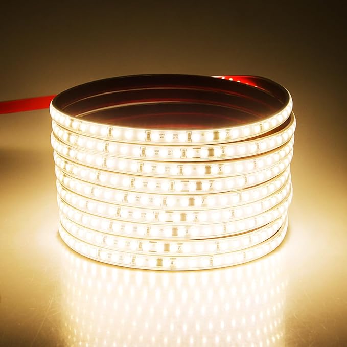 Aclorol Led Strip Lights Outdoor Waterproof 16.4FT Warm White 3000K AC 110V-130V Connectable LED Rope Light Strip Plug in for Bedroom Outside Garden Patio Indoor Outdoor Backyards Decor 120LEDs/M 5M