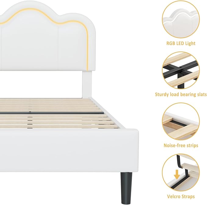 GarveeHome Twin Upholstered LED Bed Frame with Headboard, PU Leather Princess Platform Bed Frame for Kids, Wooden Slats Support, No Box Spring Needed (Cream)