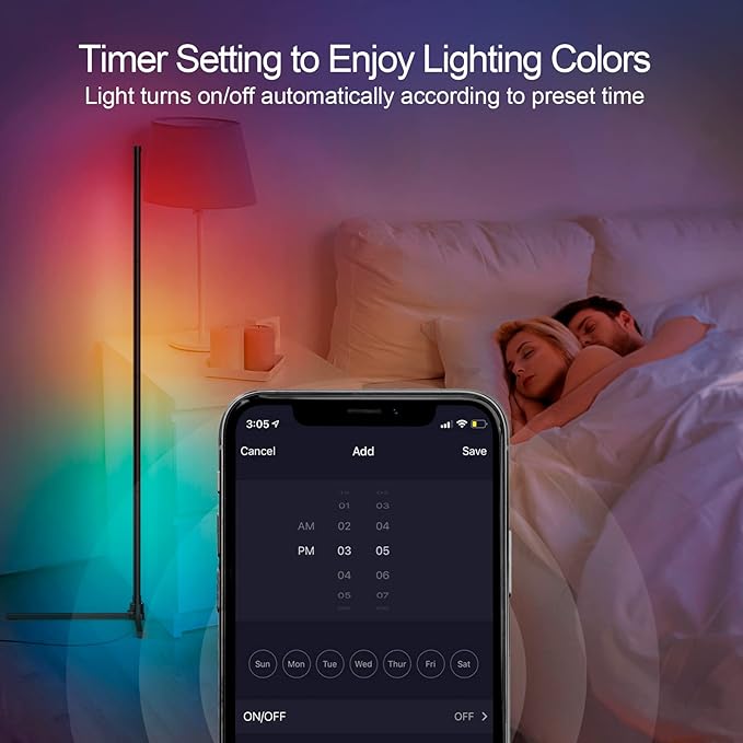 Generic RGB Corner Floor Lamp, Smart WiFi App Control, DIY Mode, Music Sync, Timer Setting, LED Corner Lamp for Bedroom, Living Room, TV, Game Room - Right Angle Base