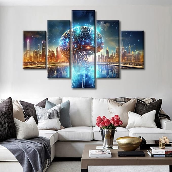 5 Pieces Canvas Prints Smart Brains for Future Cities Wall Art Human Brain Energy Modern Home Decor Poster Living Room Bedroom Decoration Brain Artwork Painting Framed Ready to Hang, (60"Wx40"H)
