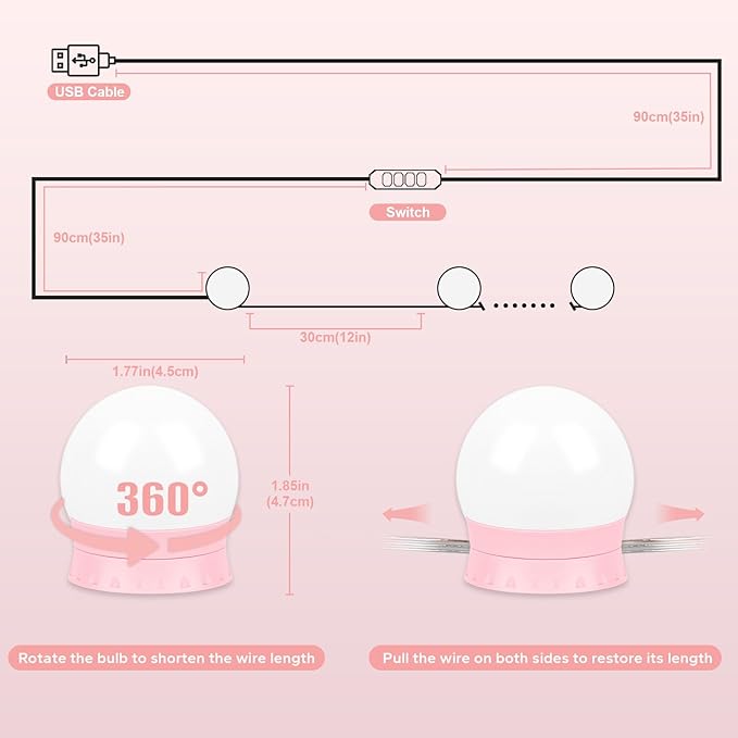 LED Vanity Lights For Mirror, Pink Vanity Light Stick on with 10 Dimmable Bulbs, 3000K 4000K 6500K & 10 Level Brightness Adjustable USB Cable Hollywood Mirror Lights for Makeup Dressing Room Bathroom