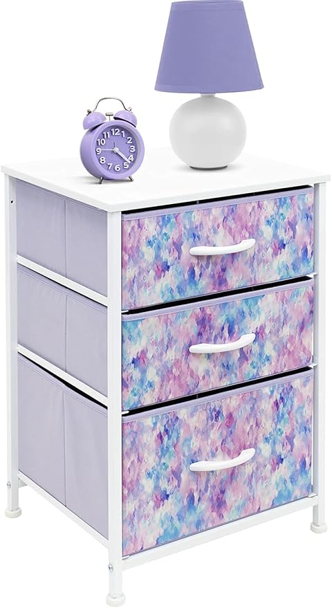 Sorbus Nightstand Storage Organizer with 3 Drawers - Kids Girls, Boys Bedroom Furniture Storage Chest for Clothes, Closet Organization - Steel Frame, Wood Top, Tie-dye Fabric Bin (Blue/Pink/Purple)