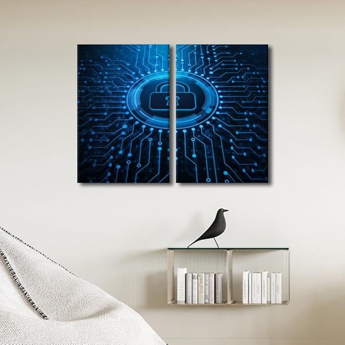 3 Pieces Home Decor AI Intelligence House Decorations for Living Room Wall Art Security Lock Symbol Paitings Pictures Painting Canvas Modern Artwork Framed Gallery-Wrapped Ready to Hang, 24" Wx16 H