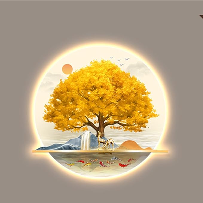 Bubinblau E,60 * 72cm, Mountain Tree Wall Art with Led Light, Zen Wall Art Decor, Luminous Wall Sculptures Painting, for Study Room, Dining Room, Living Room, Tea Room