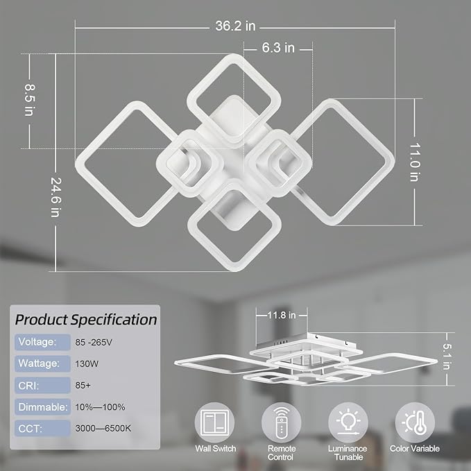 Modern Ceiling Light, 36.2'' LED Dimmable Acrylic Square 6+1 Rings Ceiling Lights with Remote, White Flush Mount Ceiling Light Fixture for Low Ceiling Bedroom Living Room Dining Room, 130W