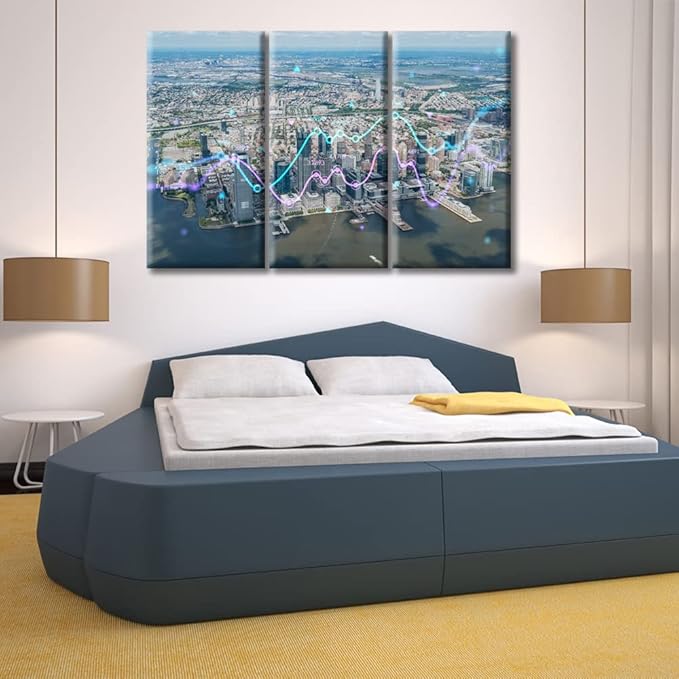 TUMOVO New Jersey City Financial Downtown Skyscrapers Canvas Wall Art 3 Panel Forex Graph Hologram Painting Artwork Black and White Wall Art Print on Canvas Framed Ready to Hang (60" Wx40 H)