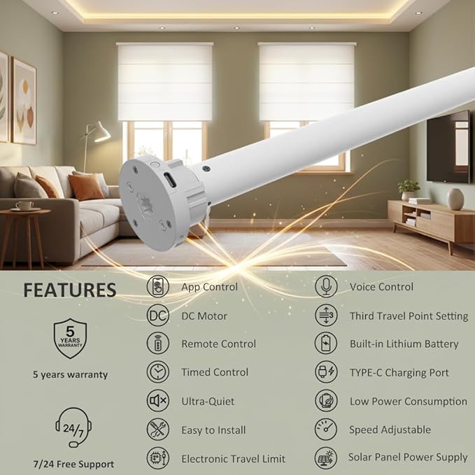 Smart Roller Shade Motor Retrofit Kit Matter Over Thread, Wireless Electric Blind Motor for 1.5" Tube, 2600mAh Rechargeable, Solar Panel, Remote Control, Compatible with Alexa/HomeKit/Google Home