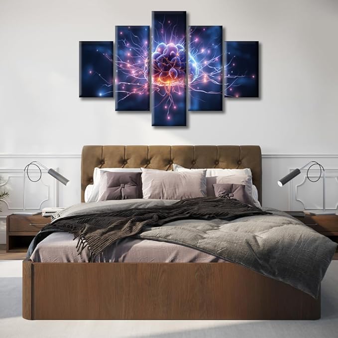 Canvas Wall Art Neural Network Wall Art for Bedroom Artificial Intelligence Concept Wall Decor Art Painting 5 Pieces Smart Brain Modern Artwork for Office Home Decor Ready to Hang (60"Wx40"H)