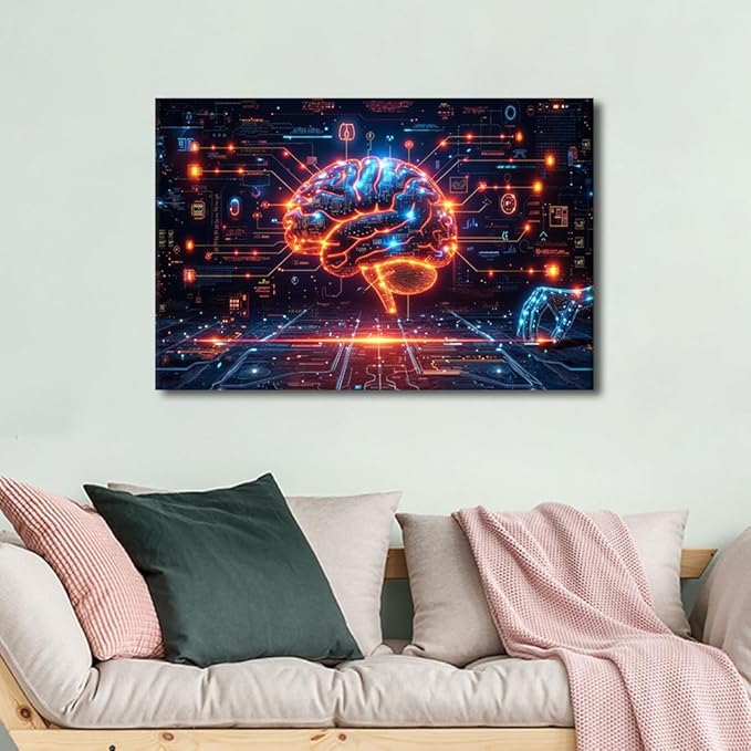 TUMOVO Artificial Intelligence Paintings Wall Decor Robot Brain Posters for Room Digital Brain Canvas Wall Art for Living Room Bedroom AI Picture Modern Artwork Home Decor 16" Wx24 Hx1 Panel
