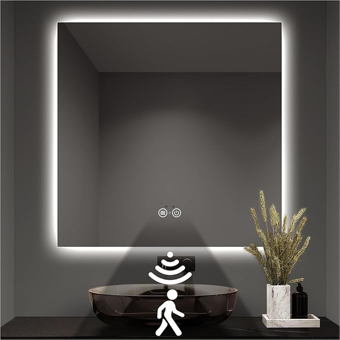 Backlit LED Bathroom Mirror, Infrared Motion Sensor Vanity Mirror with 3-Color Lights, Stepless Dimmable Wall Lighted Mirror with Anti-Fog, Memory, Rectangular (36" H x 36" W)