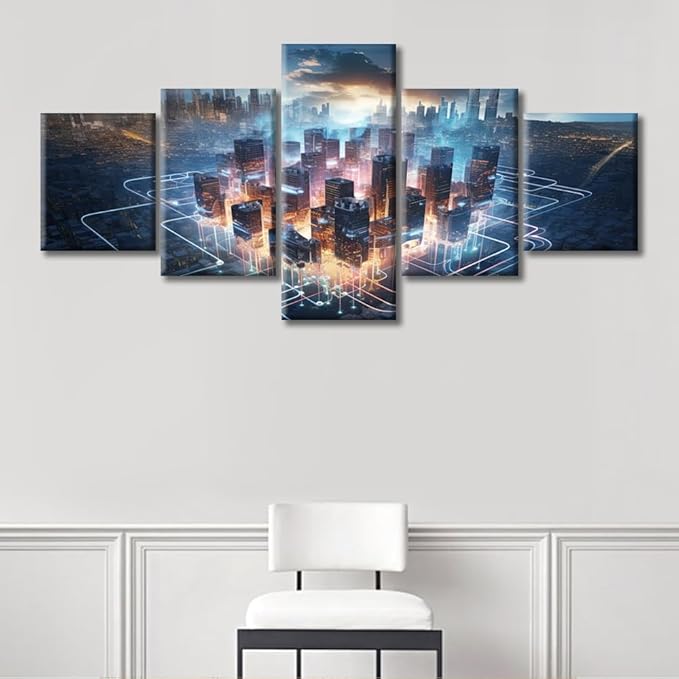 Artificial Intelligence Concept Canvas Wall Art for Bedroom City Smart Brain Wall Art for Living Room Human Brain Energy Wall Art Decor Modern Artwork for Home Framed Ready to Hang (50"Wx24"H)