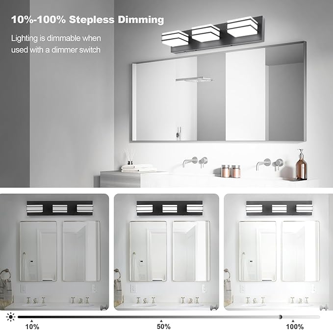 3 Color Temperature Dimmable Bathroom Light Fixtures Over Mirror, LED Black 3 Light Vanity Lighting Fixtures, Acrylic Stainless Steel Square Shade Vanity Lights for Bathroom, ETL Certificated