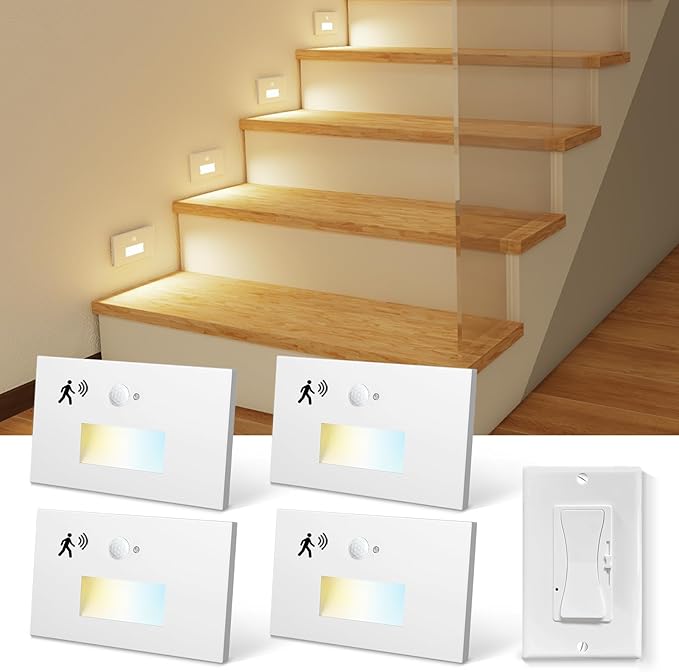 LED Step Lights Indoor Motion Sensor, 4W 300LM 0%-100% Stepless Dimmable 120V Hardwired Stair Lights Outdoor, IP65 Waterproof, 5CCT Staircase Lighting, 2700K/3000K/4000K/5000K/6500K, ETL, 4 Pack
