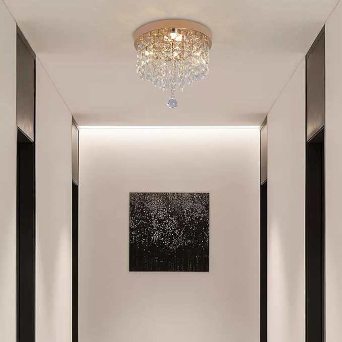 Deckrico Gold Crystal Chandelier Flush Mount Ceiling Light – Modern LED Lighting Fixture for Bedroom, Closet, Bathroom, Hallway – Warm Light