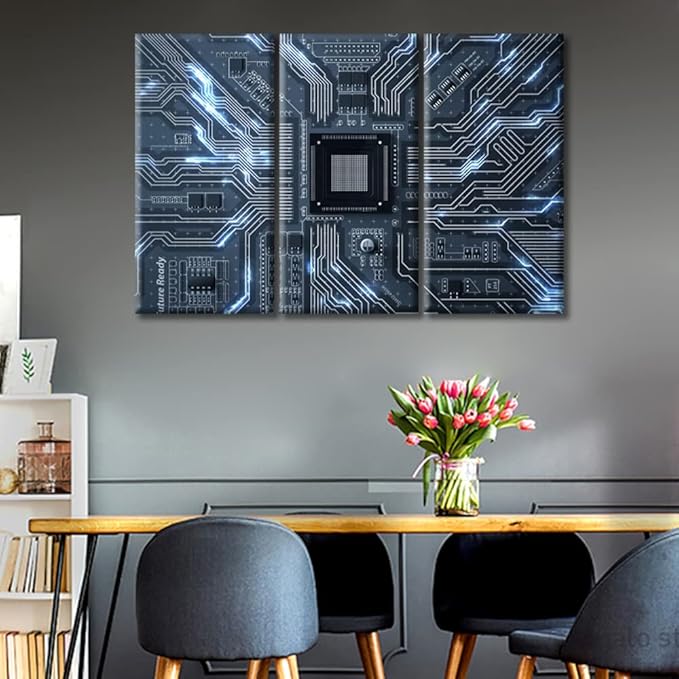 TUMOVO 3 Piece Motherboard Digital Chip Black and White Wall Art Circuit Board Poster Artwork Wall Decor for Bedroom CPU Concept Wall Art Framed Ready to Hang (42" Wx28 H)