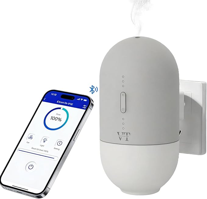 Plug in Waterless Oil Diffuser and 5 OZ Essential Oil for 600 Sq. Ft Room Home Hotel Office, Mini Wall Mounted Smart Scent Air Freshener Machine with Bluetooth App, House Outlet Aroma Diffuser White