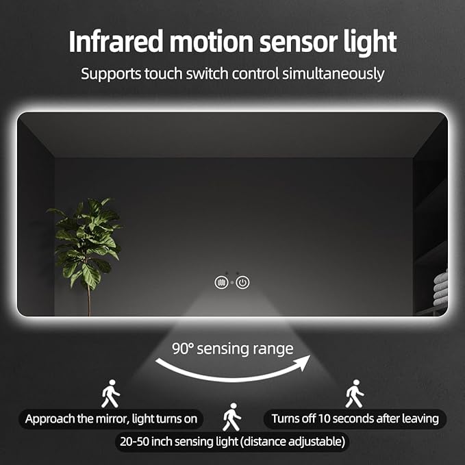 36"x60" LED Bathroom Mirror with Lights, Ultra-Clear Glass, Shatter-Proof, Smart Backlit Mirror with Auto Sensor Lights, Anti-Fog, Bathroom Wall Mounted Mirror, Stepless Dimmable, Memory