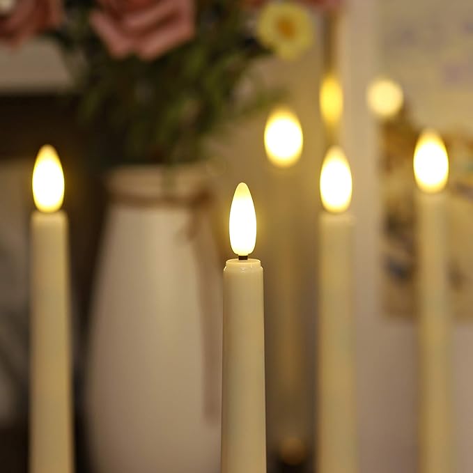 Flameless Taper Candles Flickering with Remote Timer, 4PCS Battery Operated Window Candles with Gold Candlesticks and Suction Cups, 8 Inch Warm White 3D Flame Candle for Home Xmas Decor(Ivory)