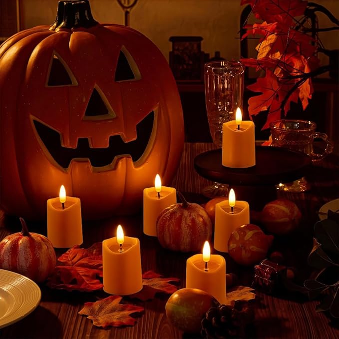 Simplelight Orange Halloween Flameless Votive Candles with Timer, Realistic Black Wick Fall Candles Battery Operated, Battery Included, D 1.8” X H 3.1”, Set of 6 for Pumpkin Decoration (Orange)