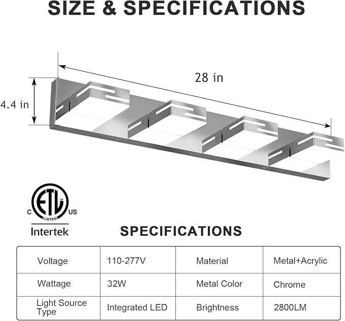 LED Modern Bathroom Vanity Light Fixtures, 4-Light 28-inch Dimmable Chrome Vanity Lights for Bathroom Lighting Fixtures Over Mirror, with 350° Rotatable Heads (Cool White 6000K)