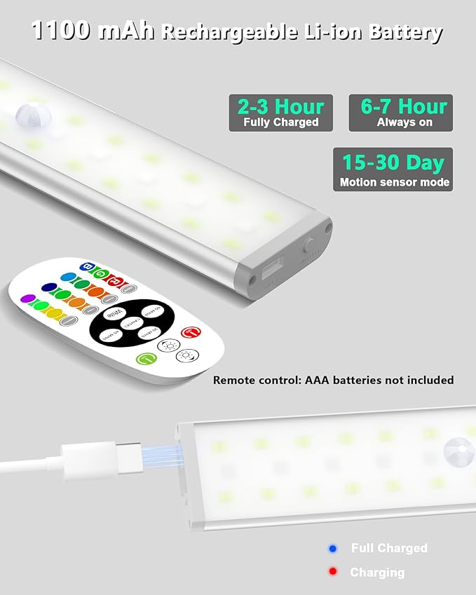 SZOKLED 58-LED Motion Sensor Under Cabinet Lights Wireless, RGB Closet Light Night Lights Remote, 1100mAh Rechargeable Under Cabinet Lighting Counter Lights for Indoor Kitchen, Stair (6 Packs)