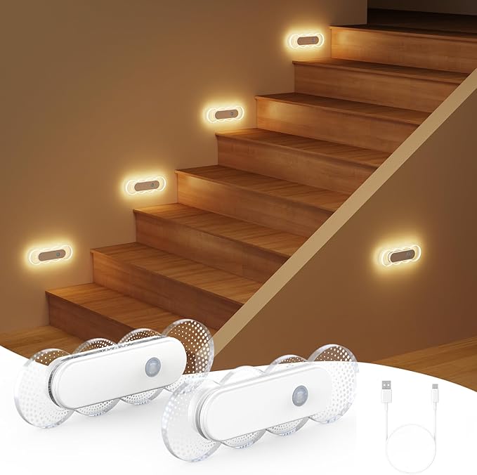 Motion Sensor Night Light for Bathroom & Toilet, Rechargeable Wireless Stick-On Indoor Lights, Magnetic No Drill for Hallway Stairs Bedroom, Warm White 3000K LED, Auto On/Off, 2 Pack