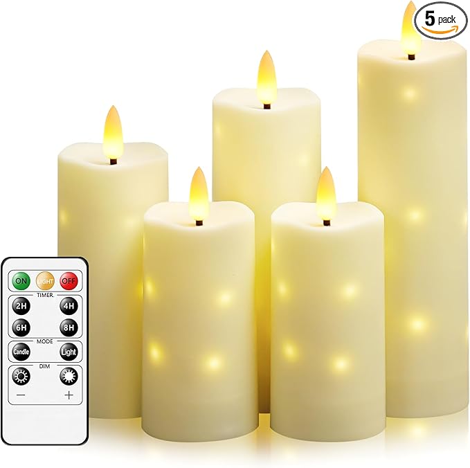 Outdoor Waterproof Flickering Flameless Candles with Timer,5Pcs Battery Operated LED Pillar Candles with Embedded Star String for Outdoor Lanterns,Porch,Patio Decor(Ivory)