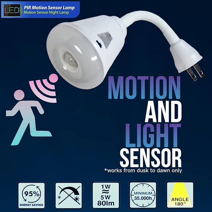 Motion Sensor Bright LED Night Light 6W 6500K Plug in Wall AC Outlet Indoor Directional Flexible Dusk to Dawn Motion-Activated Adjustable Neck Light for Garage Hallway Basement Bathroom