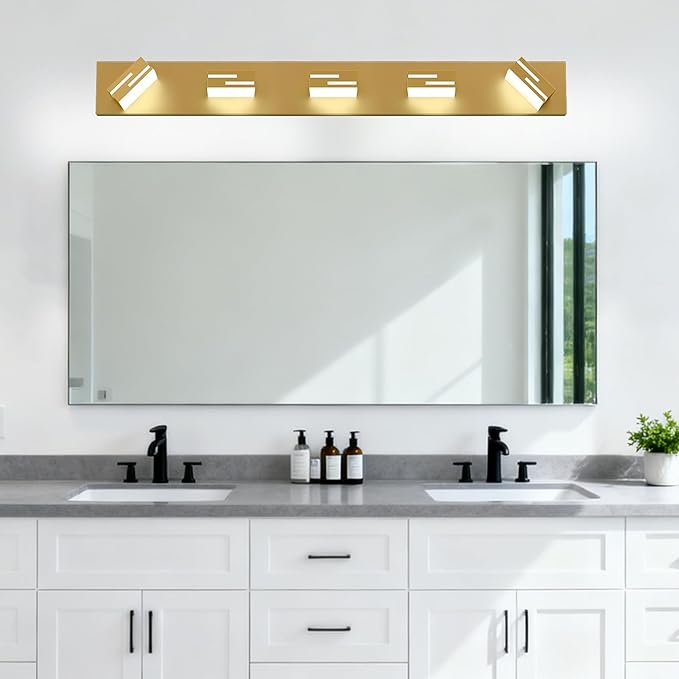 LED Modern Bathroom Vanity Light Fixtures, 5-Light 34-inch Dimmable Gold Vanity Lights for Bathroom Lighting Fixtures Over Mirror, with 350° Rotatable Heads (Cool White 6000K)