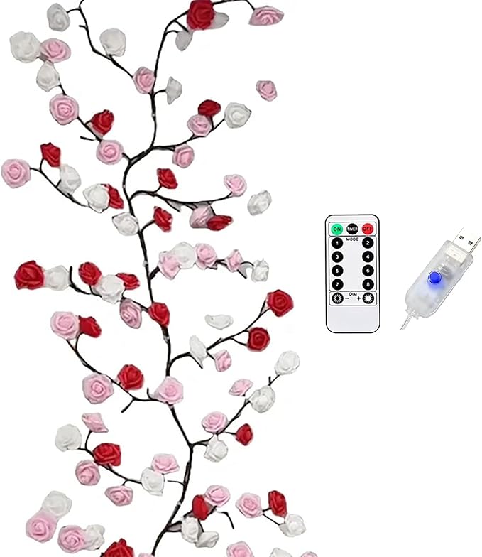 Rose LED Tree Branch Lights for Wall, Rose Flower Willow Vine Twig Decor Garland with 72 LED Lights and Remote,8 Lighting Modes,Christmas Decorations Indoor for Home Wall Door Window (63inch)