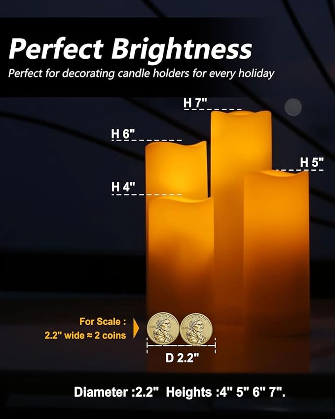 salipt Flameless Candles, LED Flickering Candles Set of 10 (H 4" 5" 6" 7" xD 2.2") Waterproof Candles, Resin Plastic, Indoor Outdoor Use,Ivory