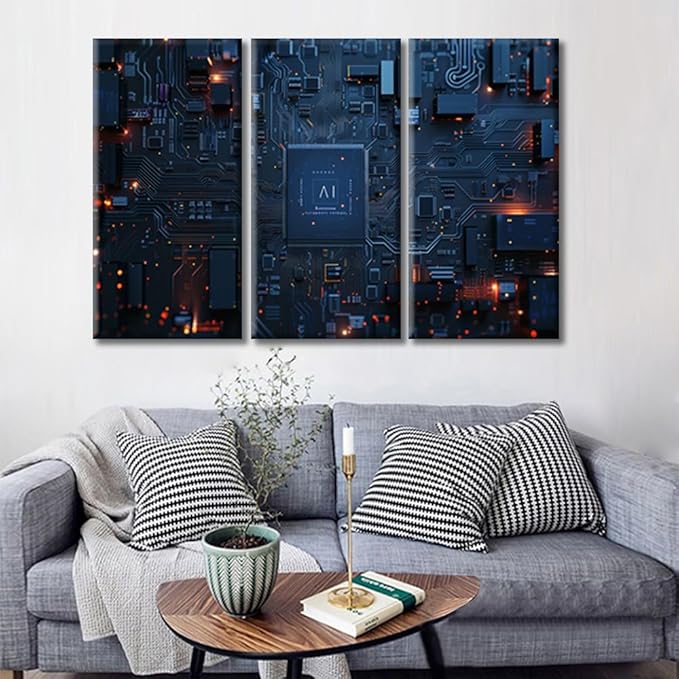 AI Advanced Circuitry Pictures Digital Intelligence Hub Wall Art Wall Decor Circuit Board Pictures Posters 3 Panel CPU Concept Canvas Artwork Wooden Frame Ready to Hang (36"Wx24"H)