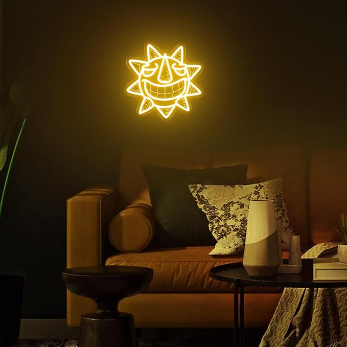 Sun Neon Sign, Yellow Burning Passion Laughing Sun Led Sign for Wall Decor with Remote Dimmer, Retro Vintage Psychedelic Mystic Sun Neon Light for Christmas Bedroom Party Gift - 10''