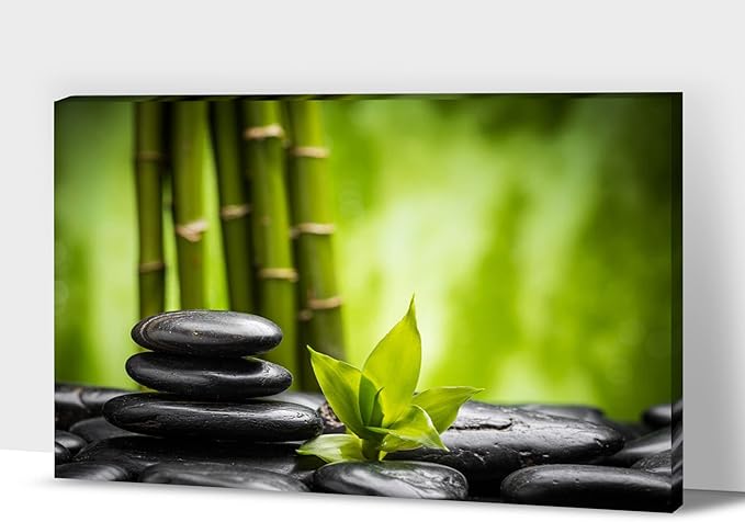 GUTTATY Zen Wall Art Decor, Modern Bathroom Zen Decor Wall Art, Relaxing Canvas Wall Art for Spa Zen Room Decor, Green Bamboo Forest and Pebble Art Prints for Office & Spa Wall Decor 18x24 Inches