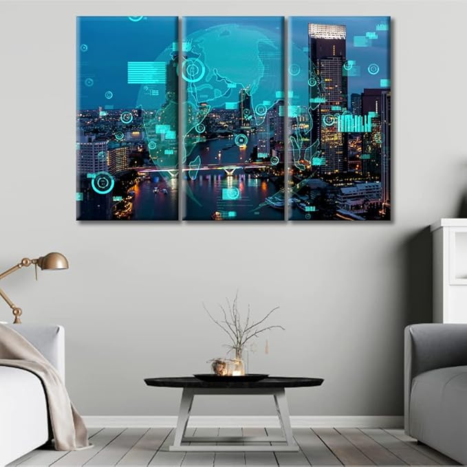 TUMOVO 3 Piece Smart City and Information Technology Abstract Canvas Paintings Artificial Intelligence Versus Big Data Pictures for Bedroom, Bathroom, Office. Ready to Hang (36" Wx24 H)