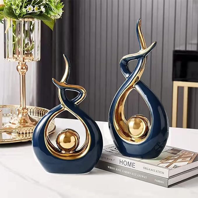 Norrclp Home Decor Modern Abstract Art Ceramic Statue Table Decorations for Dining Room Living Room Office Centerpiece (Blue and Gold, Small), Blue,gold