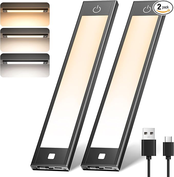VST 72 LEDs Motion Sensor Lights Indoor 3 Color Temps, Dimmable Under Cabinet Lighting, 1800mAh Rechargeable Step Light, Cordless Night Light for Stair, Wardrobe, Kitchen 2 Pack