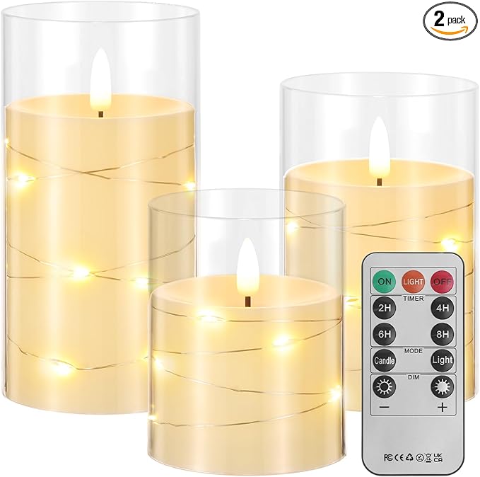 Flameless Candles, Battery Operated LED Candles with Remote and Timer Flickering Flameless Candle for Romantic Ambiance and Home Halloween Decor Durable Acrylic Shell with Embedded Star String