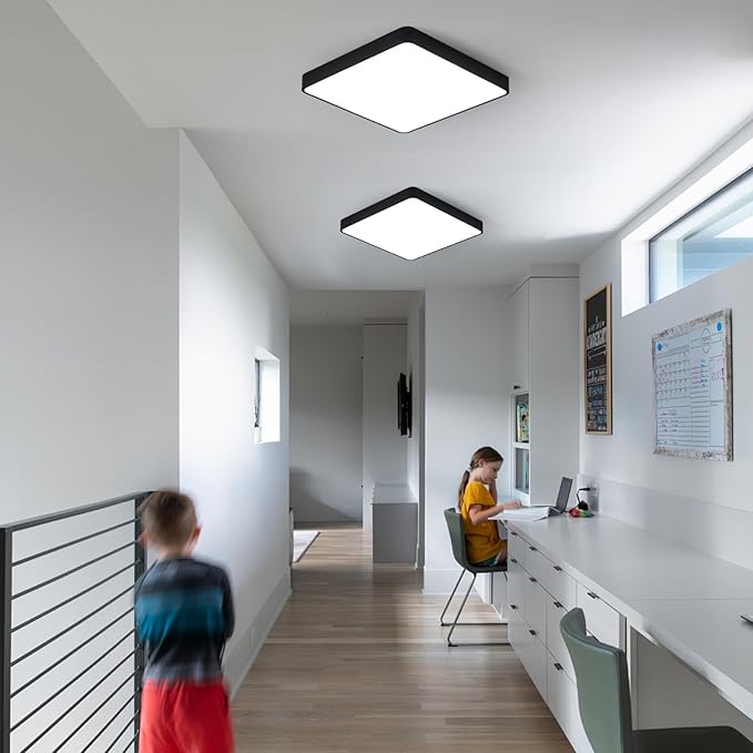 Ganeed 12 Inch 24W Flush Mount Square LED Ceiling Light, 6500K Cool White Flush Mount Light Fixture, 1440LM Bright Flat Ceiling Light Fixtures for Bedroom, Living Room, Hallway (Black-2 Pack)