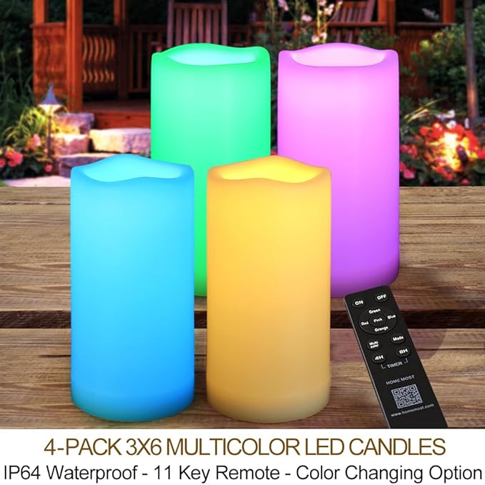4-Pack Multicolor 3x6 Outdoor LED Pillar Candles with Timer and Remote - IP64 Waterproof Color Changing LED Pillar Candles - Battery Operated Flickering Flameless Candle Unscented